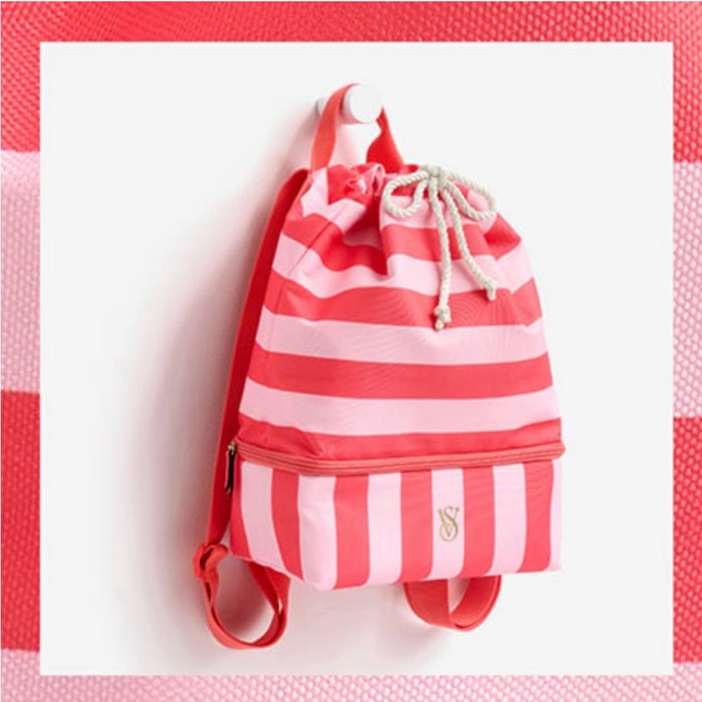 Victoria's Secret Summer COOLER BACKPACK Pink and Red Striped Bag NWT